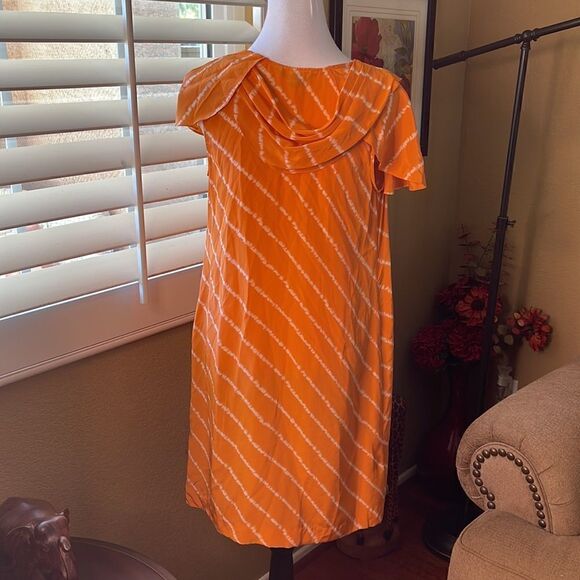 BCBGMAXAZRIA Draped Silk Dress in Striped Citrus, SZ M - Picture 4 of 10